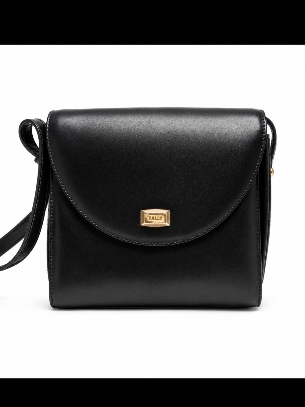 Bally Black Leather Flap Crossbody with Gold Plaque